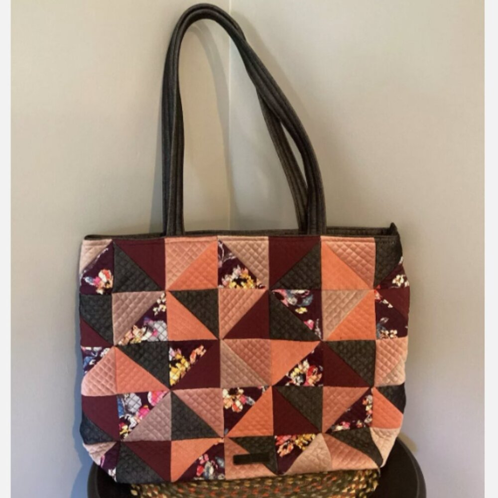 Vera Bradley Large Vera Tote Navy Denim Patchwork Wine Orange Black Cream Fall